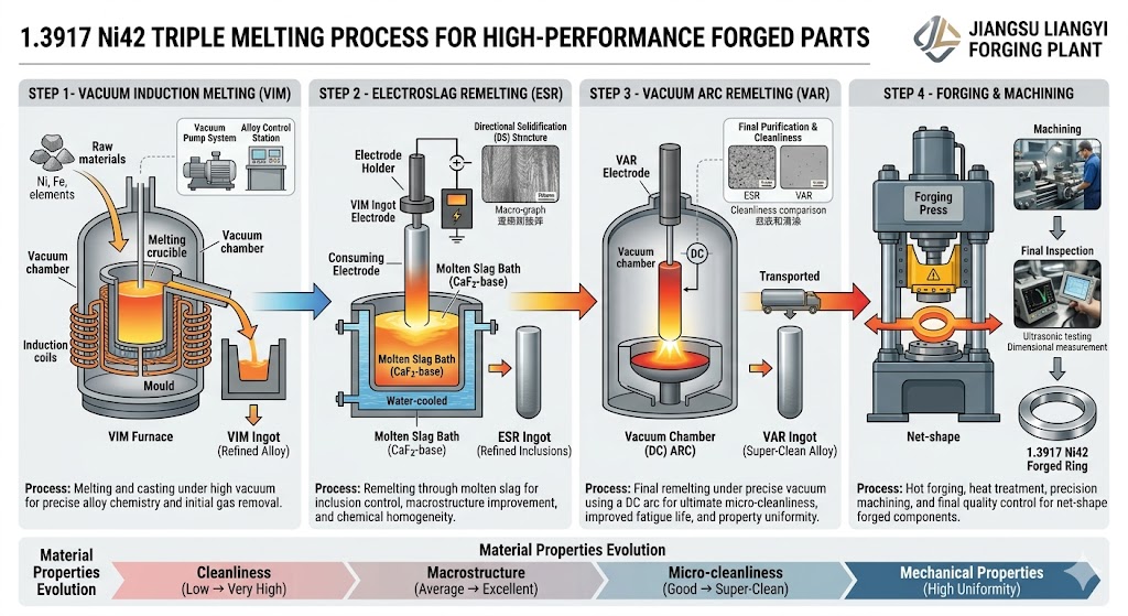 1.3917 Ni42 forging VIM ESR VAR triple melt process — vacuum induction melting, electroslag remelting and vacuum arc remelting at Jiangsu Liangyi forging plant