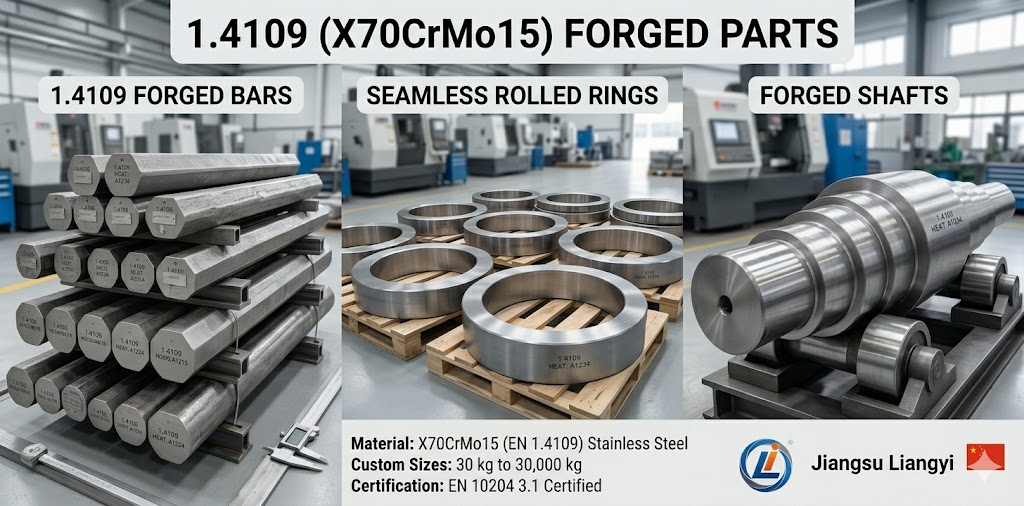 1.4109 (X70CrMo15) X70CrMo15 forged bars, seamless rolled rings and forged shafts — custom sizes from 30 kg to 30,000 kg, EN 10204 3.1 certified, Jiangsu Liangyi China