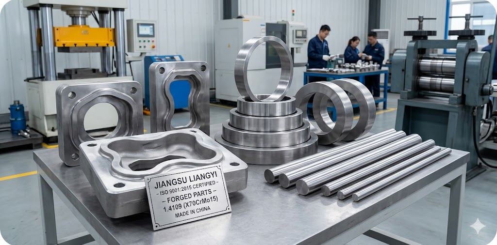 1.4109 (X70CrMo15) forged steel parts — open die forgings, seamless rolled rings and forged bars manufactured by Jiangsu Liangyi, China ISO 9001:2015 certified manufacturer