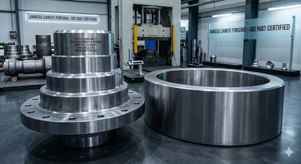 1.4125 (X105CrMo17) open die forging parts and seamless rolled rings manufactured by Jiangsu Liangyi — ISO 9001 certified stainless steel forging manufacturer in Jiangyin, China