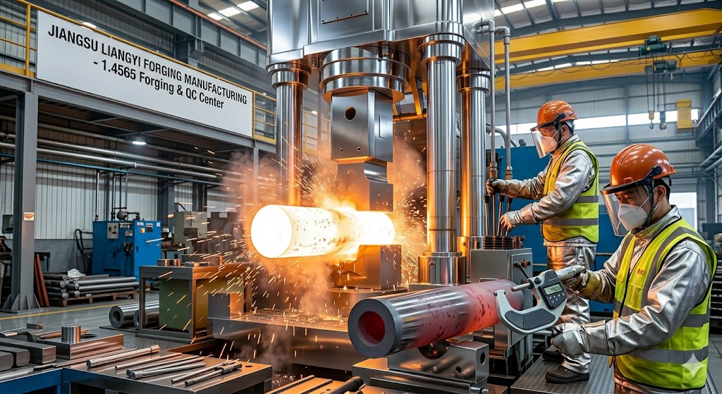 1.4565 open die forging process and quality inspection at Jiangsu Liangyi forging manufacturing facility, Jiangyin, Jiangsu, China
