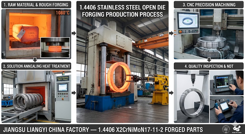 1.4406 X2CrNiMoN17-11-2 Stainless Steel Open Die Forging Production — Solution Annealing, CNC Machining & Quality Inspection at Jiangsu Liangyi China Factory