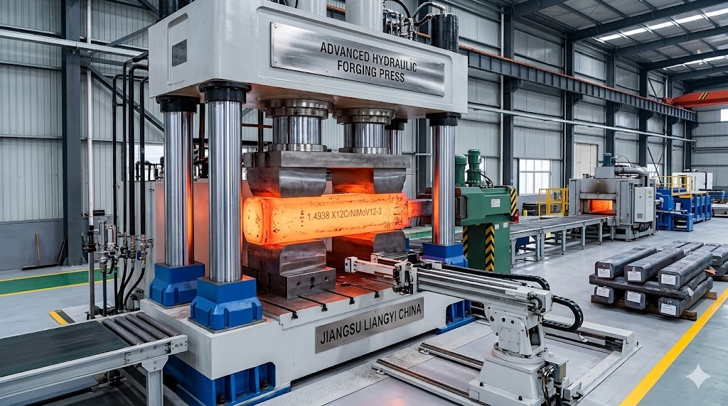 Advanced hydraulic forging press and production line for manufacturing 1.4938 X12CrNiMoV12-3 steel forgings in Jiangsu Liangyi China factory