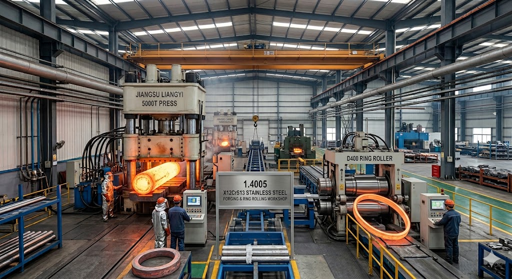 Advanced hydraulic press and ring rolling equipment for 1.4005 X12CrS13 stainless steel forging at Jiangsu Liangyi factory Jiangyin China