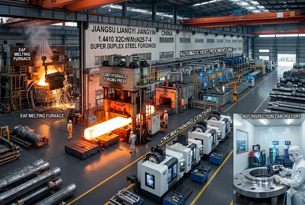 1.4410 X2CrNiMoN25-7-4 Super Duplex Steel Forgings production facility at Jiangsu Liangyi Jiangyin China — showing EAF melting furnace, 6300T hydraulic forging press, automatic heat treatment furnace line, CNC machining centers, and NDT inspection laboratory