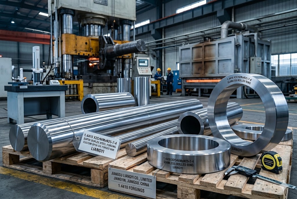 1.4410 X2CrNiMoN25-7-4 Super Duplex Steel Forgings — custom open die forged bars, seamless rolled rings and hollow forgings produced by Jiangsu Liangyi Co., Limited in Jiangyin, Jiangsu, China