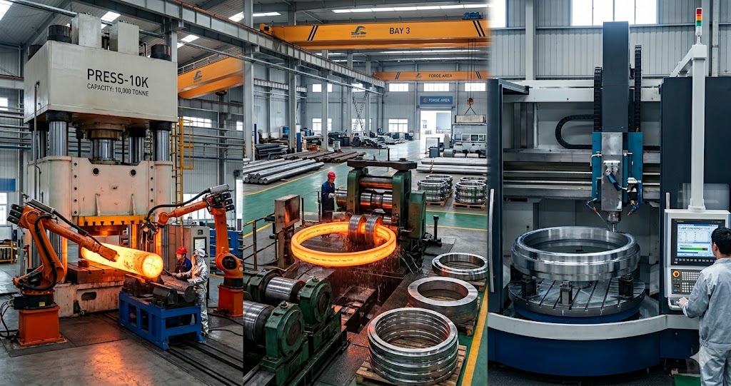 1.4439 X2CrNiMoN17-13-5 stainless steel forging parts manufacturing process — hydraulic press forging, seamless ring rolling and CNC machining at Jiangsu Liangyi factory, Jiangyin, China