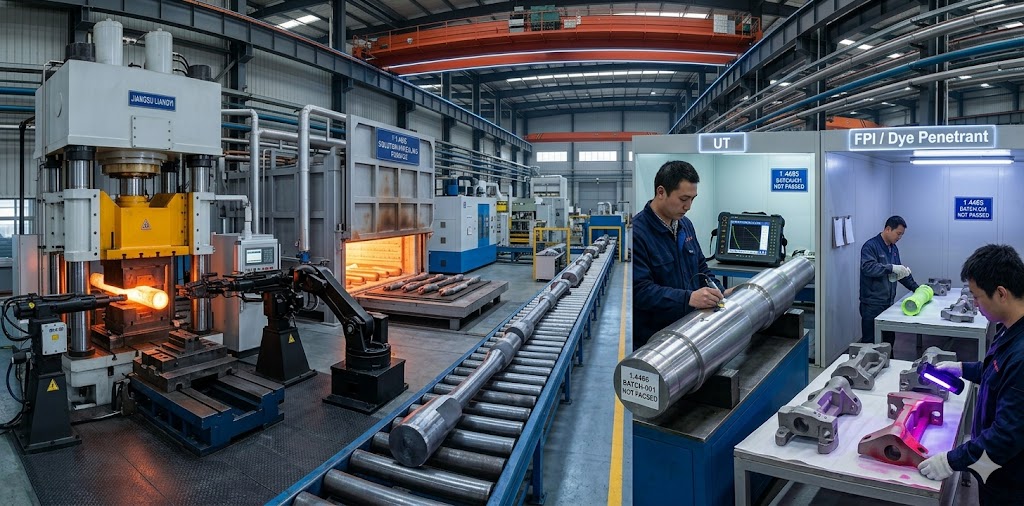 Jiangsu Liangyi 1.4466 Stainless Steel Forging Production Line — Forging Press, Solution Annealing Furnace, Ultrasonic Testing (UT) and Dye Penetrant Inspection (PT) in progress at Jiangyin factory