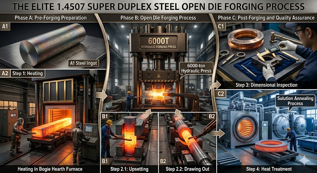 1.4507 X2CrNiMoCuN25-6-3 steel open die forging production process at Jiangsu Liangyi China forging factory — 6000-ton hydraulic press and advanced solution annealing heat treatment furnaces
