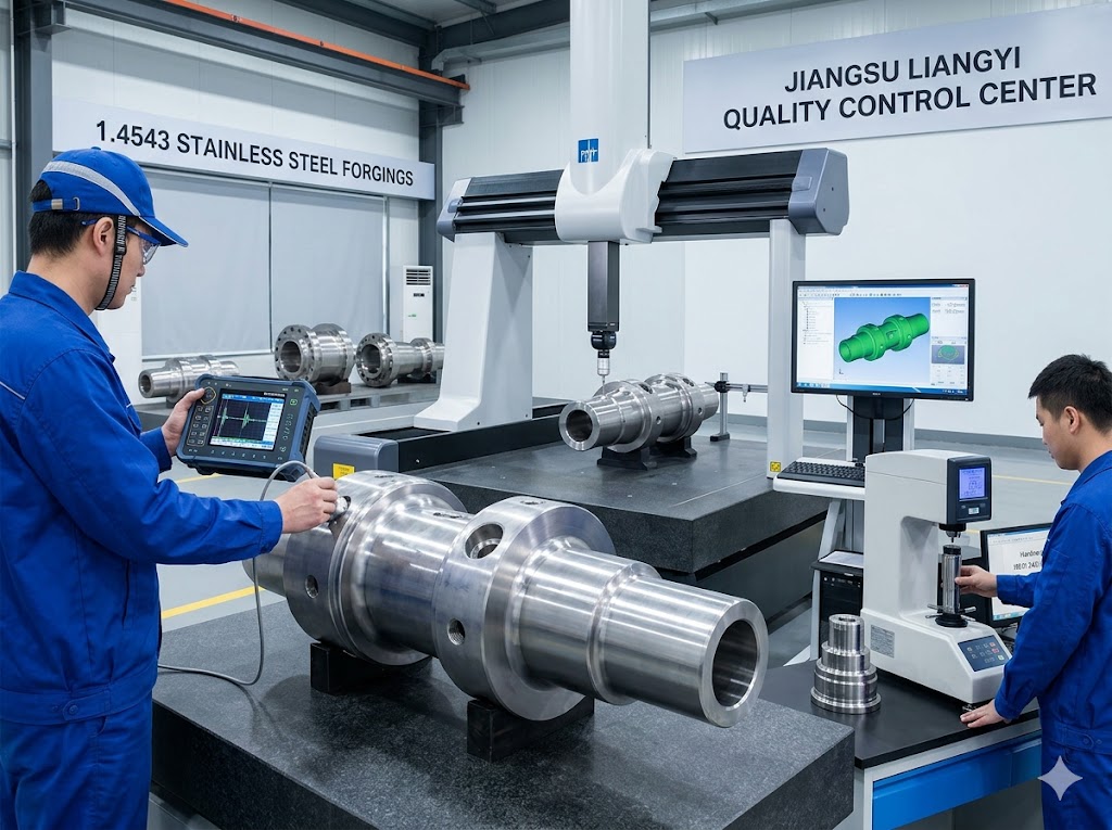 1.4543 Stainless Steel Forgings Full NDT Inspection — Ultrasonic Testing, Hardness Verification and CMM Dimensional Inspection at Jiangsu Liangyi, China
