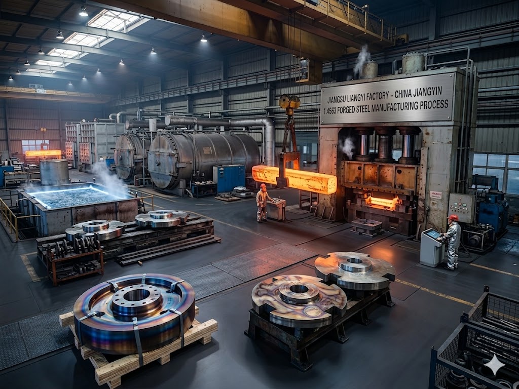 1.4563 Forged Steel Components Manufacturing Process at Jiangsu Liangyi China Jiangyin Factory — hydraulic forging press and heat treatment equipment