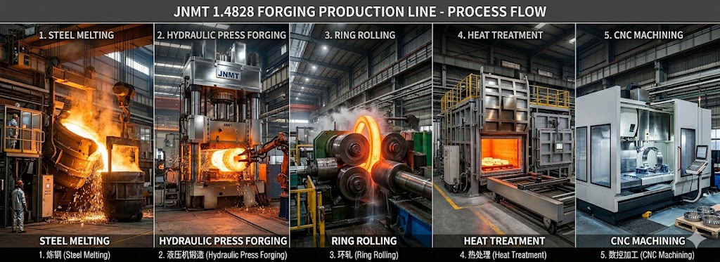 Jiangsu Liangyi 1.4828 Forging Manufacturing Line — Steel Melting, Hydraulic Press Forging, Ring Rolling, Heat Treatment, CNC Machining