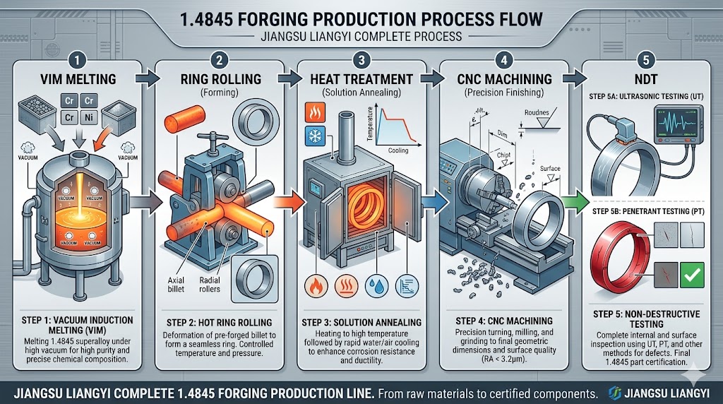 1.4845 Forging Production Process – VIM Melting, Ring Rolling, Solution Annealing, CNC Machining & NDT at Jiangsu Liangyi China