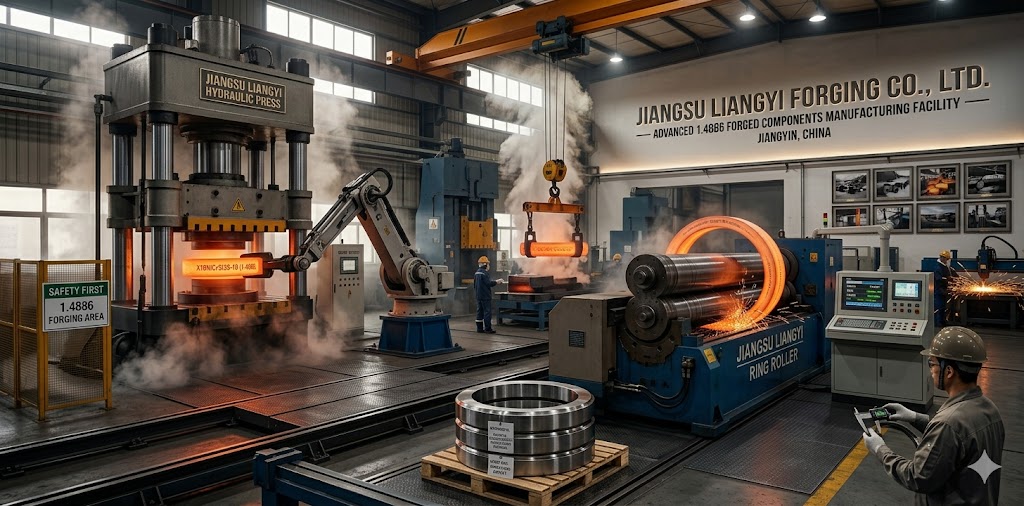 Jiangsu Liangyi advanced 1.4886 forged components manufacturing facility — hydraulic forging press and ring rolling machines for X10NiCrSi35-19 steel forgings, Jiangyin China