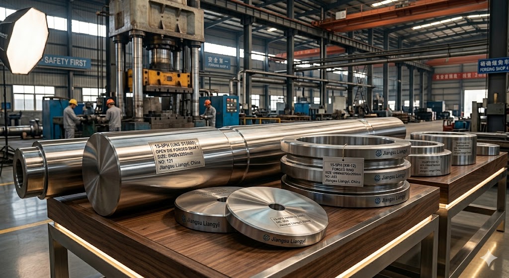 15-5PH (UNS S15500, XM-12) open die forging parts including bars, shafts, rings, and discs manufactured by Jiangsu Liangyi, China