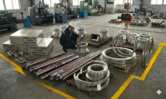 Ultrasonic testing (UT per ASTM A388) of 17-4PH UNS S17400 forged bars at Jiangsu Liangyi quality control laboratory — 100% NDE inspection for API 6A 105K sour service forgings