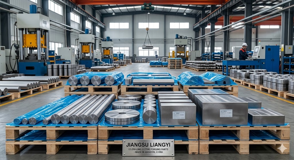 Custom 17-7PH (UNS S17700) open die forging parts including forged bars, discs and blocks produced by Jiangsu Liangyi in Jiangyin China