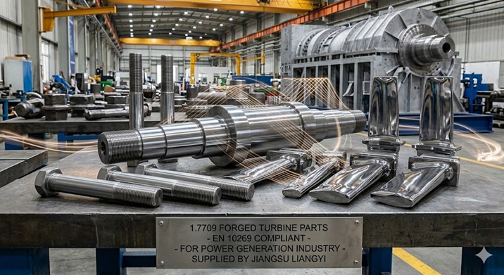 1.7709 forged turbine parts including rotor shafts, turbine bolts and blade blanks, EN 10269 compliant, supplied by Jiangsu Liangyi for power generation industry