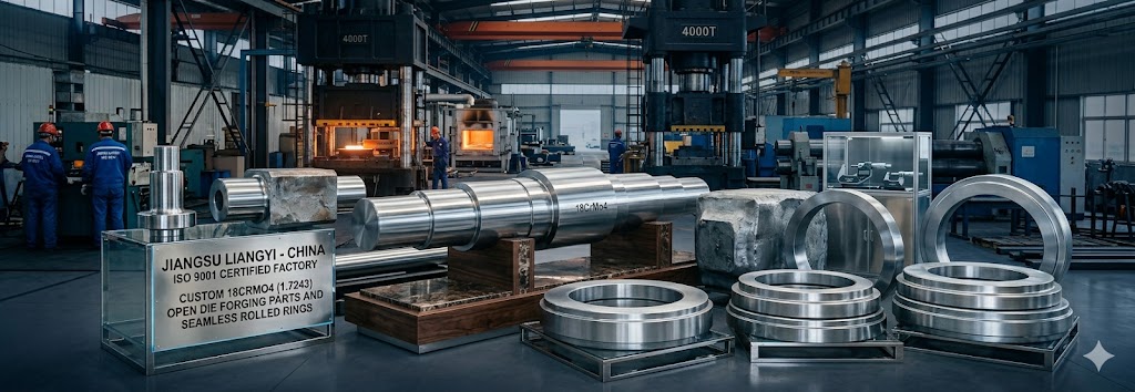 Custom 18CrMo4 (1.7243) open die forging parts and seamless rolled rings manufactured by China ISO 9001 certified factory Jiangsu Liangyi