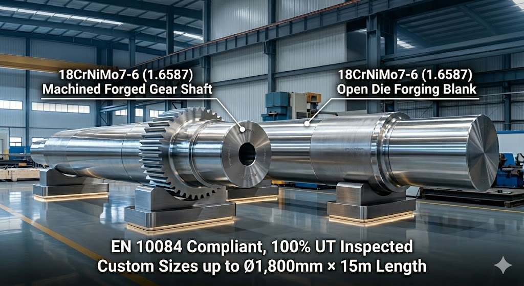 18CrNiMo7-6 (1.6587) forged gear shaft and open die forging blank — Jiangsu Liangyi, custom sizes up to Ø1,800mm × 15m length, 100% UT inspected, EN 10084 compliant forged parts manufacturer China