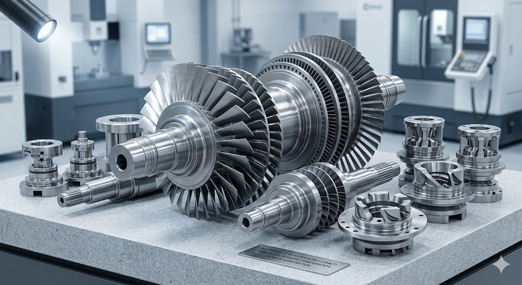 Precision machined 2.4650 NiCo20Cr20MoT turbine components including valve seats and spindles for power generation