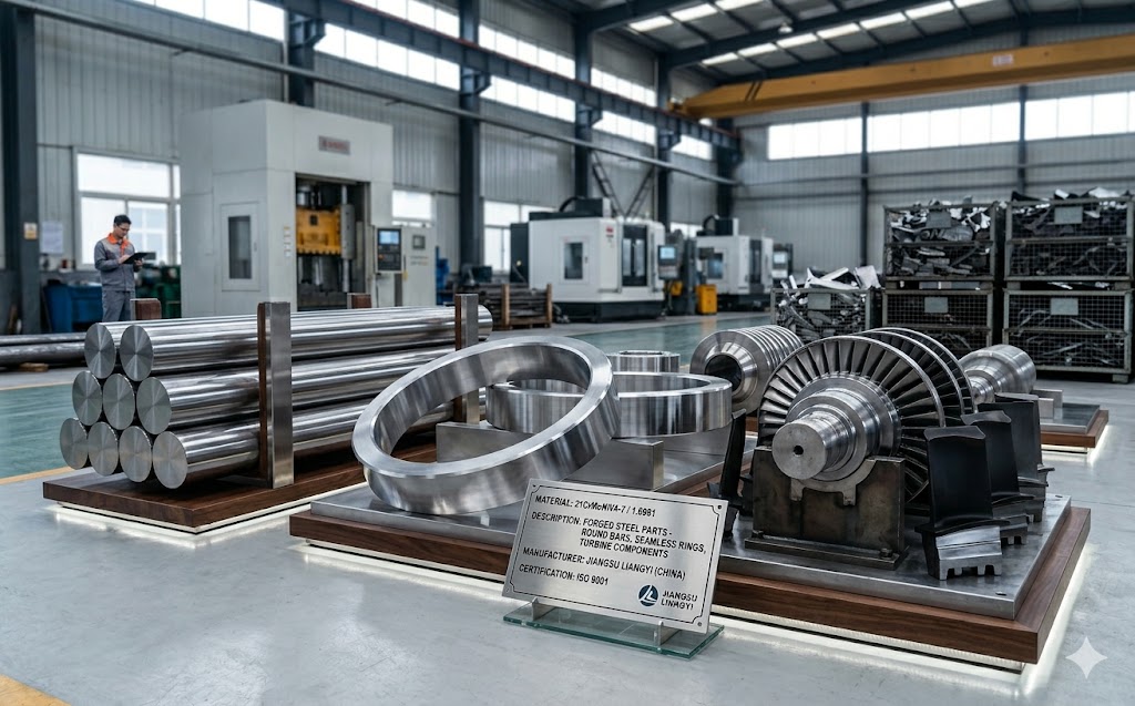 21CrMoNiV4-7 1.6981 forging steel parts including round bars, seamless rolled rings, and turbine components manufactured by Jiangsu Liangyi China