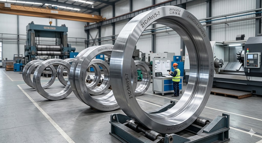 21CrMoV5-7 seamless rolled forged rings up to 6 meters diameter, EN 10228 compliant, manufactured by Jiangsu Liangyi for turbine casings and pressure vessel flanges