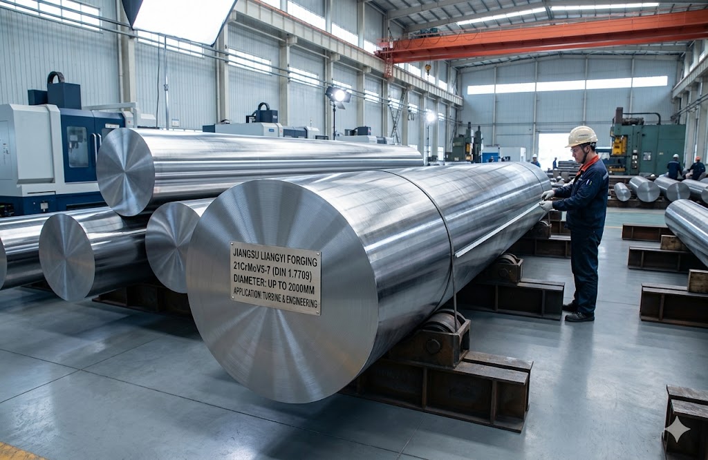 21CrMoV5-7 forged steel round bars produced by Jiangsu Liangyi, available up to 2000mm diameter for turbine and engineering applications