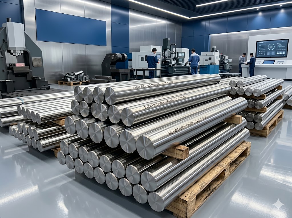 Polished 2.4634 NiCo20Cr15MoAlTi forged round bars stacked in the Jiangsu Liangyi workshop, Jiangyin, Jiangsu Province, China