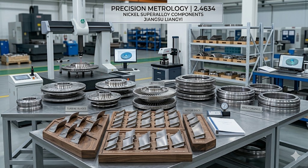 Assorted 2.4634 NiCo20Cr15MoAlTi turbine blades, discs and ring forgings arrayed in the Jiangsu Liangyi inspection area