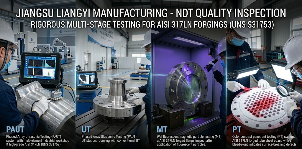AISI 317LN UNS S31753 Forged Components Undergoing UT MT PT NDT Quality Inspection — Jiangsu Liangyi Manufacturing