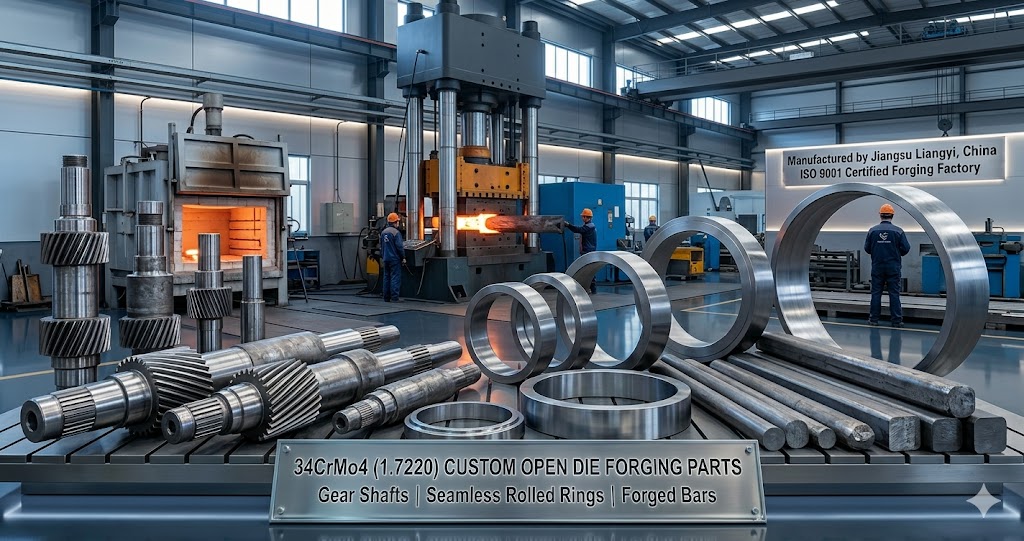 34CrMo4 (1.7220) custom open die forging parts — gear shafts, seamless rolled rings and forged bars manufactured by Jiangsu Liangyi, China ISO 9001 certified forging factory
