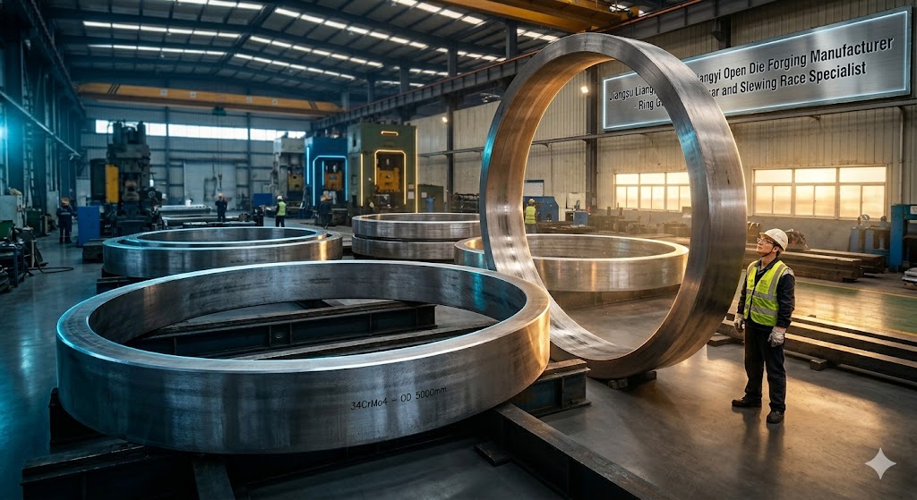 34CrMo4 (1.7220) seamless rolled forged steel rings up to 5000 mm outer diameter for wind turbine gearbox ring gears, slewing bearing races and industrial flanges — Jiangsu Liangyi open die forging manufacturer