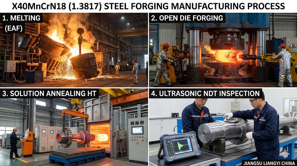 X40MnCrN18 1.3817 Steel Forging Manufacturing Process — Melting, Open Die Forging, Solution Annealing Heat Treatment, Ultrasonic NDT Inspection at Jiangsu Liangyi China Factory