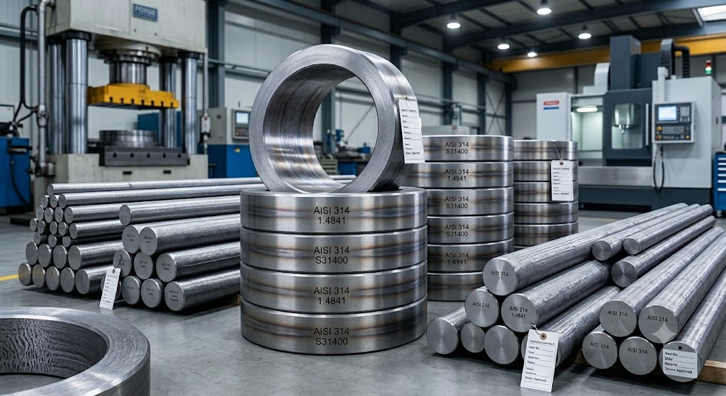 AISI 314 (UNS S31400 / DIN 1.4841) forged round bars and seamless rolled rings manufactured in Jiangsu, China