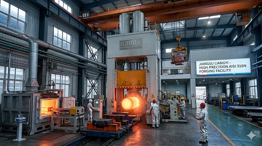 Advanced AISI 316N stainless steel forging production facility with 6300T hydraulic press and open die forging line at Jiangsu Liangyi China