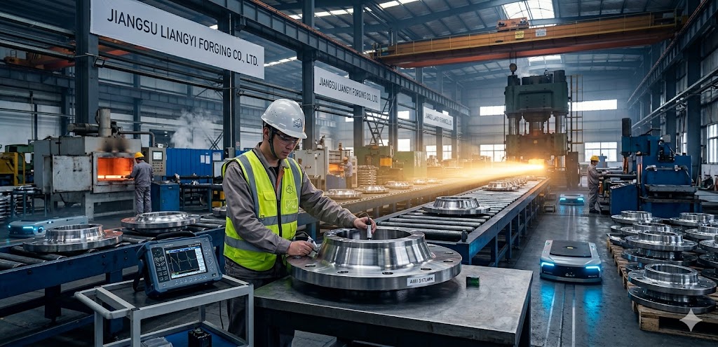 AISI 317LMN stainless steel forgings production line and NDT ultrasonic inspection process at Jiangsu Liangyi China forging factory