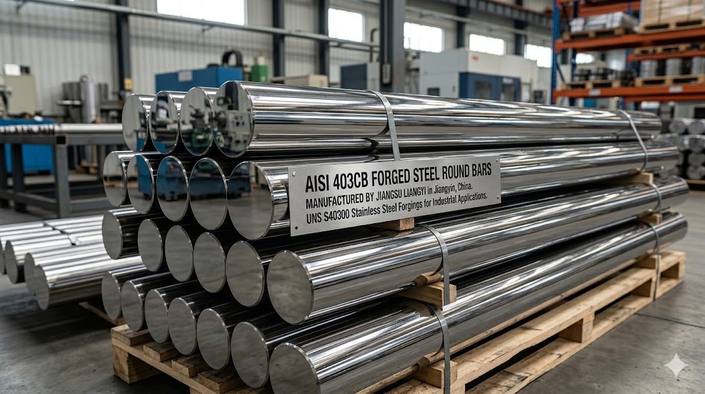 AISI 403CB forged steel round bars manufactured by Jiangsu Liangyi in Jiangyin, China. High-quality UNS S40300 stainless steel forgings for industrial applications.