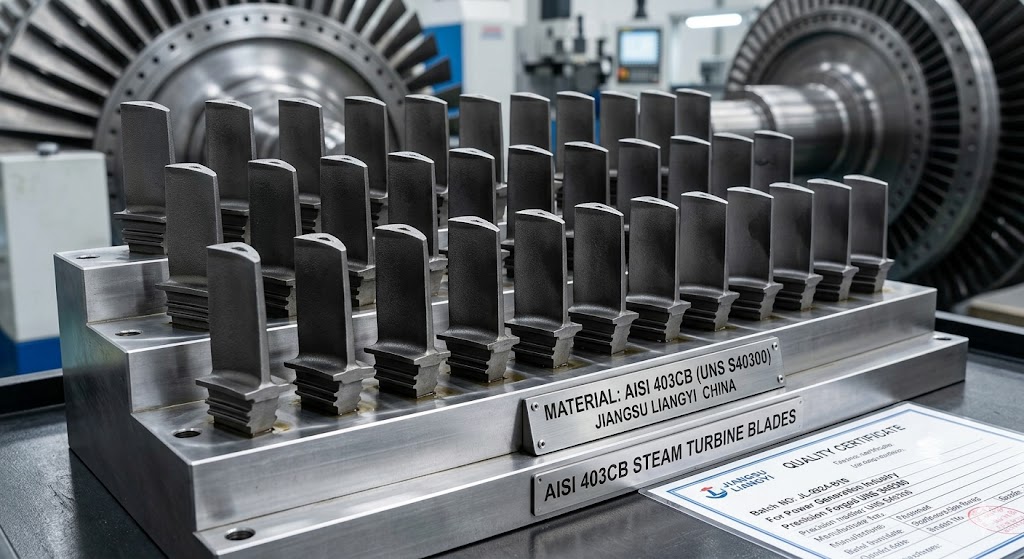 AISI 403CB steam turbine blades for power generation industry. Precision forged UNS S40300 turbine components manufactured by Jiangsu Liangyi China.