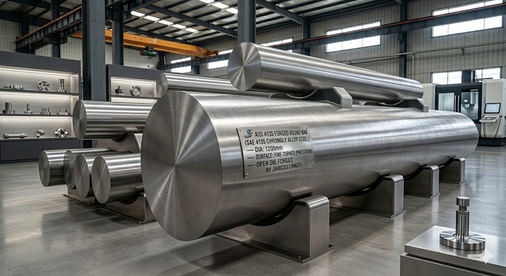 AISI 4135 forged round bar — SAE 4135 chromoly alloy steel, rough-turned, diameter up to 1200mm, open die forged by Jiangsu Liangyi