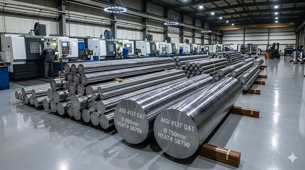 AISI 4137 forged round bars in quenched and tempered condition, 100 to 800 mm diameter, ready for CNC machining