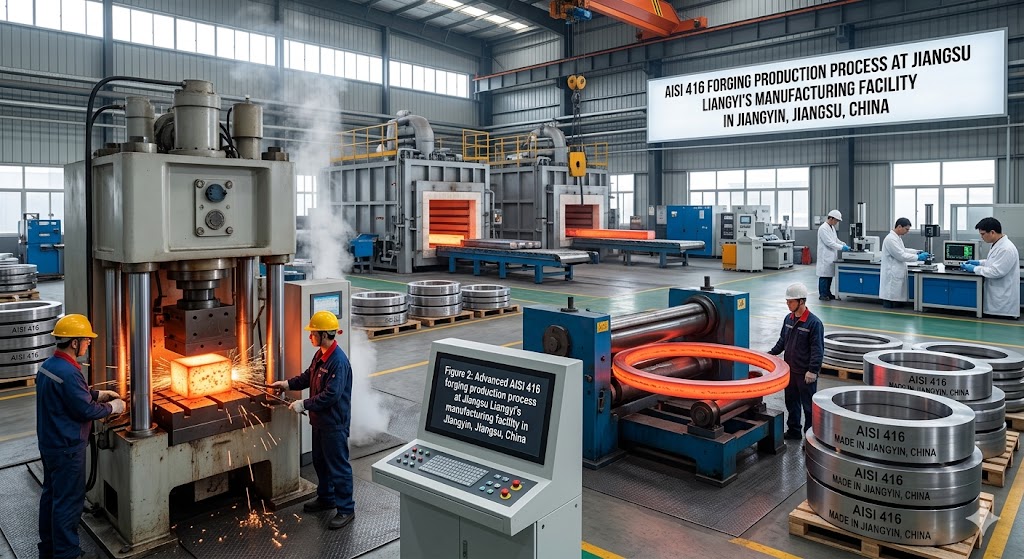 AISI 416 stainless steel forging production process showing open die forging, seamless ring rolling, heat treatment, and quality inspection at Jiangsu Liangyi factory in Jiangyin, China