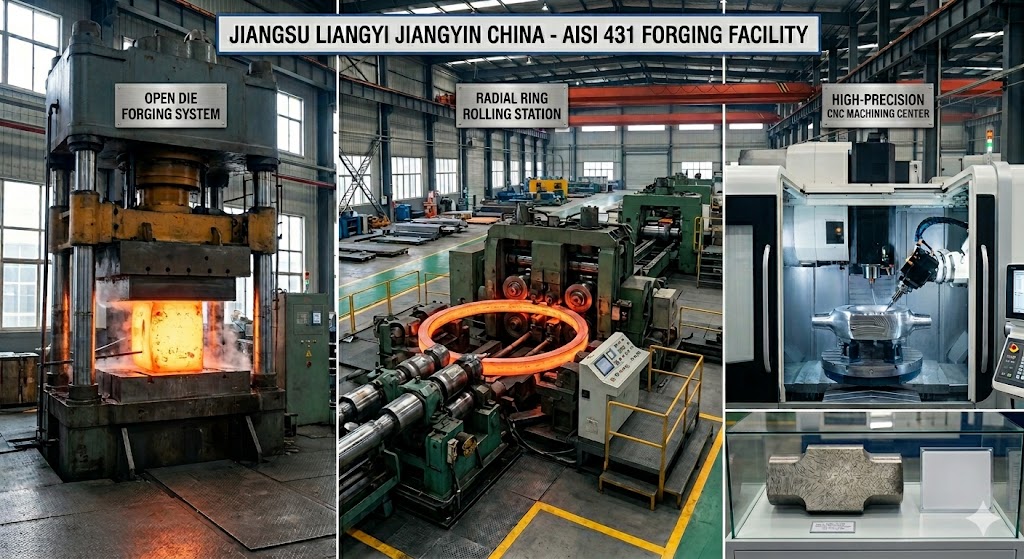 AISI 431 martensitic stainless steel forging production facility — open die press, ring rolling and CNC machining at Jiangsu Liangyi Jiangyin China