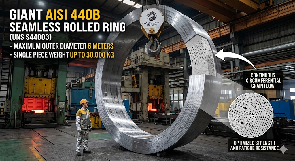 AISI 440B seamless rolled rings UNS S44003 SUS 440B — max outer diameter 6 meters, single piece up to 30,000 kg, continuous circumferential grain flow, Jiangsu Liangyi forging factory