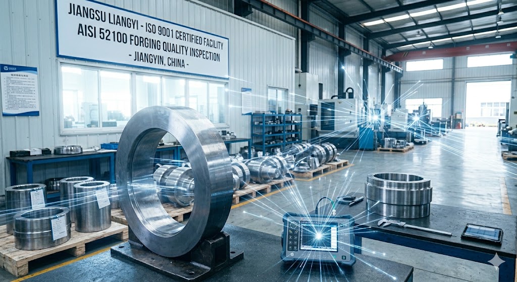 AISI 52100 forged parts undergoing ultrasonic testing and dimensional inspection at Jiangsu Liangyi ISO 9001 certified facility in Jiangyin China