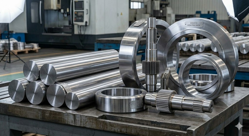 Custom AISI 6150 (UNS G61500) forged steel parts, round bars, seamless rolled rings, gear shafts manufactured in China