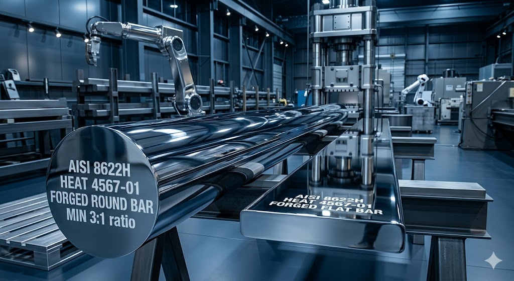 AISI 8622H hot forged round bar and flat bar, forging ratio minimum 3:1 for grain refinement