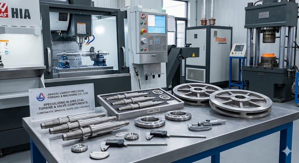 Custom AMS 5743 precision CNC machined turbine valve components including spindles seats and disc forgings