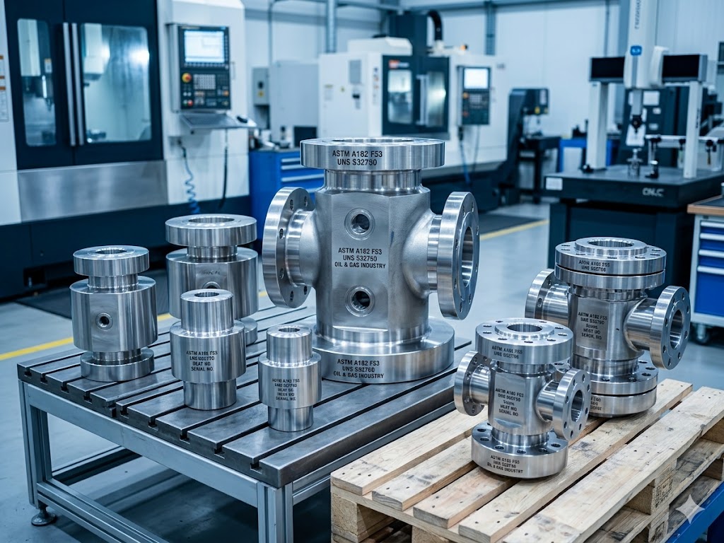Custom ASTM A182 F53 super duplex stainless steel forged valve bodies, bonnets, and wellhead components for oil and gas industry