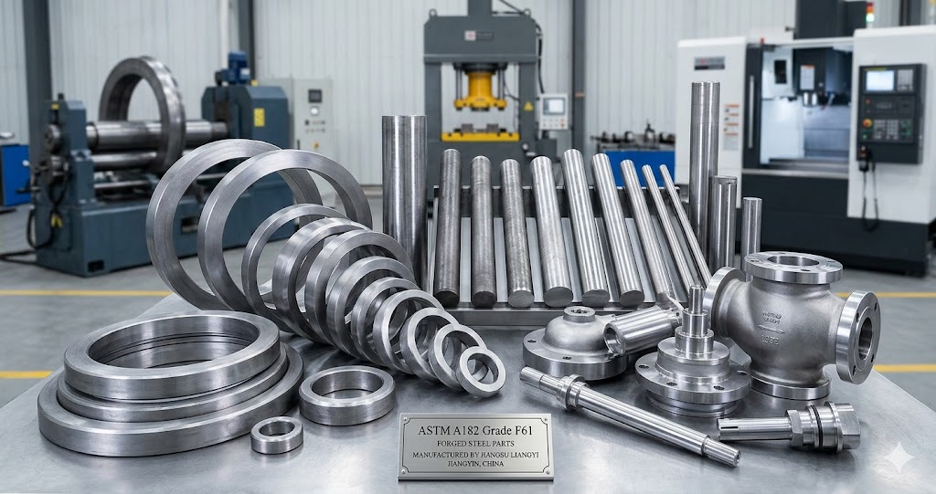 High-quality ASTM A182 Grade F61 forged steel parts including seamless rolled rings, round bars and valve components manufactured by Jiangsu Liangyi in Jiangyin, China